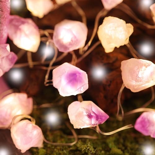 Genuine Amethyst Crystal Fairy Lights, Natural Healing 20 Raw Stones String of Lights 6.5ft Remote Control USB Plug in for Reiki Ornaments Bedroom Wedding Decoration
