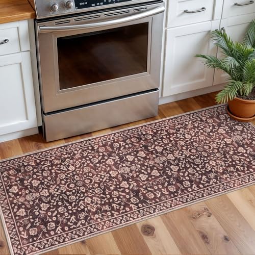 Vintage Washable 2x5 Rug Runner, Burgundy Runners for hallways, Super Soft Kitchen Runner Rug Non Slip, Print Faux Wool Floral Thin Carpet Runner for Entryway Indoor Bedroom - color: Warm Burgundy Brown, size: 2' x 5' (Runner)