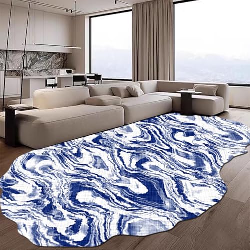 Blue White Abstract Marble Texture Irregular Shaped Area Rug 5x7 Modern Washable Irregular Rugs for Living Room Bedroom Guestroom Soft Thin Faux Wool Carpet Funky Art Deco Office Nursery Floor Mat - color: A, size: 5x7