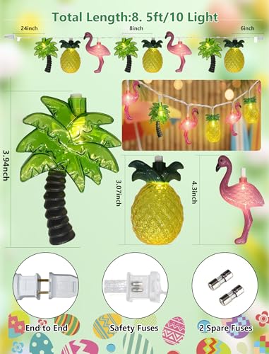 8.5Ft Summer Beach Hawaiian String Lights Outdoor with 10 LED Flamingo Pineapple Palm Tree Lights, Plug in Tropical Party Decorations Lights for Patio Backyard Garden Window Tiki Bar Pool Party Decor - color: Flamingo/Pineapple/Palm Tree