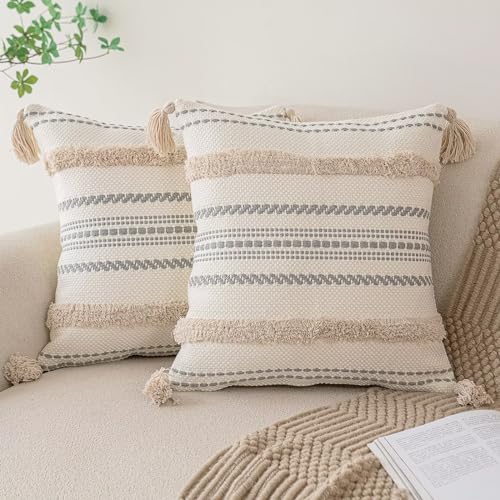 Boho Throw Pillow Covers 20x20 Set of 2 Woven Tufted Farmhouse Pillows Cover with Tassels Textured Striped Cushion Case Neutral Pillow Cases Decorative Pillowcase for Sofa, Couch, Bed, Khaki - color: Khaki, size: 20" x 20" (Pack of 2)