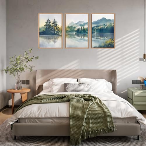 HPNIUB Large Green Mountain Framed Canvas Wall Art Set, Nature Foggy Forest Lake Reflection Wall Decor,Modern Pine Tree Artwork,Watercolor Landscape Art Print for Living Room,Bedroom,Office-16 x24 x3 - color: Nature Mountain Wall Art, size: 16"L x 24"W