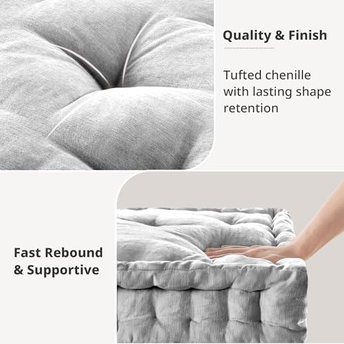 Intelligent Design Floor Pillow - Shredded Foam Filled Meditation & Yoga Cushion, Chenille Tufted, Handsewn Scalloped Edge, OEKO-TEX Certified, Azza, 20" x 20" x 5" Grey - color: Grey