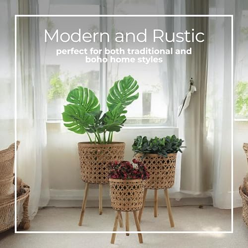 Set of 3 Woven Basket Decorative Planter Pot with Stand – Handcrafted Bamboo Pine Wood Outdoor & Indoor Plant Pot – Boho Garden & Home Decor Planters – 19", 22", & 26", Brown - color: Woven Natural, size: 26" H