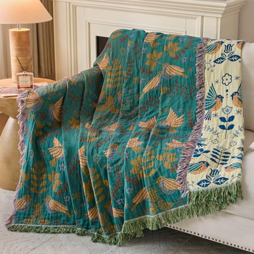 Boho Throw Blanket, Patterned Bohemian Blanket 100% Soft Cotton Woven Boho Quilt, Reversible Throw Blankets for Couch Bed, Decorative Lightweight Blanket for All Seasons (Spring Blue, Twin 60"x80") - size: Twin 60"x80"