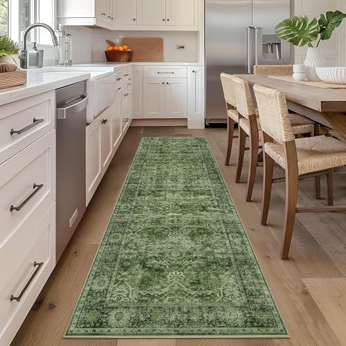 2x6 Green Vintage Washable Runner Rugs for Hallway Kitchen Boho Hallway Rug Low Pile Non-Slip Retro Distressed Accent Throw Rug for Entryway Bathroom Bedroom Green - color: Green, size: 2'*6'(Runner)