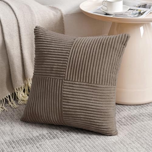 Fancy Homi Set of 2, Light Brown Patchwork Corduroy Decorative Soft Striped Modern Accent Cushion Case Farmhouse Boho Neutral Throw Pillow Covers for Chair Couch Bed Sofa Living Room 12x12 Inch - color: Light Brown, size: 12" x 12" (Pack of 2)