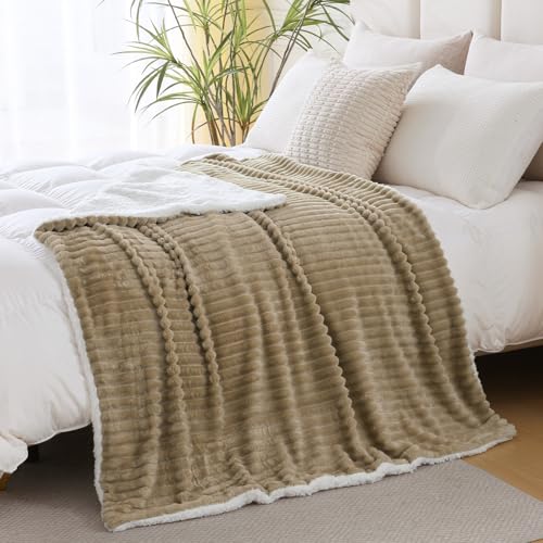 Tan Sherpa Fleece Throw Blanket 60”×80” for Couch Sofa Bed,Super Soft Cozy Plush Double Side Thick Flannel Blanket with Striped Design Lightweight for Adults,Woman,Girls - color: Tan, size: 60×80inch
