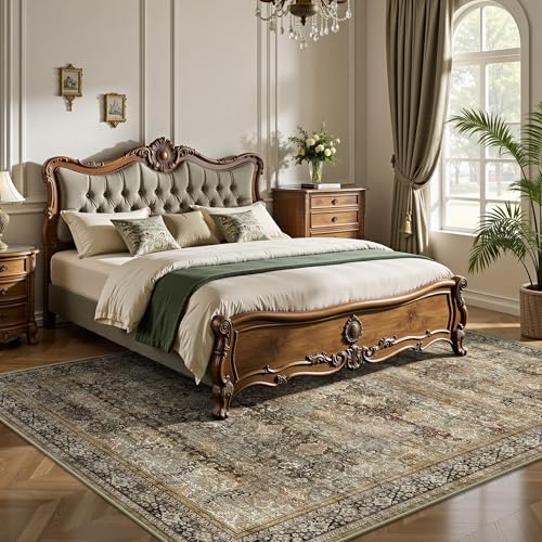5x7 Area Rugs - Washable Vintage Retro Living Room Rug, Soft Ultra Thin Non Slip Low Pile Traditional Distressed Boho Carpet for Bedroom Dining Room Nursery Home Office, Charcoal Olive - color: B-charcoal / Olive, size: 5x7