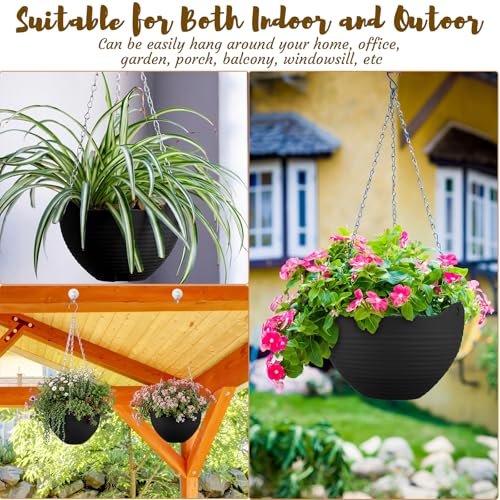 Zopeal 16 Pack Self Watering Hanging Planters 8 Inch Garden Flower Plant Pot Container with Drainer and Chain Round Hanging Pot Plant Basket for Indoor Outdoor Plants (Black) - color: Black