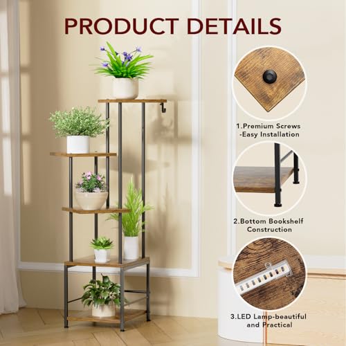 Homsorout Plant Stand Indoor with Grow Light - 5-Tier Metal Plant Shelf with Hanging Basket Hook, Corner Tall Flower Holder for Multiple Plants, Living Room Balcony Garden Patio, Rustic - color: Rustic, size: 5-Tier