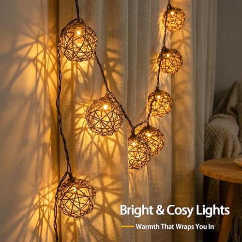 Vigdur Rattan Ball String Lights, Boho Lantern String Lights with 10 Led Bulbs Connectable, Indoor Outdoor String Light for Bedroom Wedding Garden Party Backyard Decor, 9.84FT - color: White