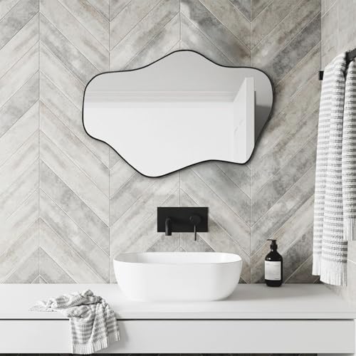 Irregular Wall Mirror, 21"x14" Asymmetrical Mirrors, Modern Frameless Mirror for Wall, Unique Shaped Mirrors for Living Room Bathroom Bedroom Hallway Entryway Fireplace - color: Black, size: 21"L x 14"W