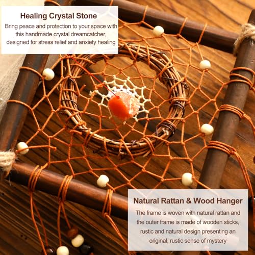 Dream Catcher Native American Boho Dreamcatcher Rattan Wood Wall Decor, Handmade Natural Dream Catchers with Healing Crystal Stone Feathers Ornament Indian Decor for Bedroom Living Room - color: Brown Orange Mix