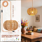 Hanging Lights with Plug in Cord Rattan Hanging Lamp Boho Ceiling Light Fixtures Farmhouse Pendant Lamp Shape for Living Room Bedroom Kitchen - size: 11.8 Inch-Ball Cactus Shade