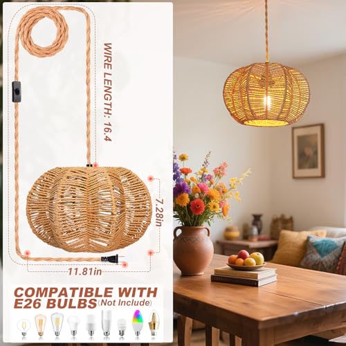 Hanging Lights with Plug in Cord Rattan Hanging Lamp Boho Ceiling Light Fixtures Farmhouse Pendant Lamp Shape for Living Room Bedroom Kitchen - size: 11.8 Inch-Ball Cactus Shade
