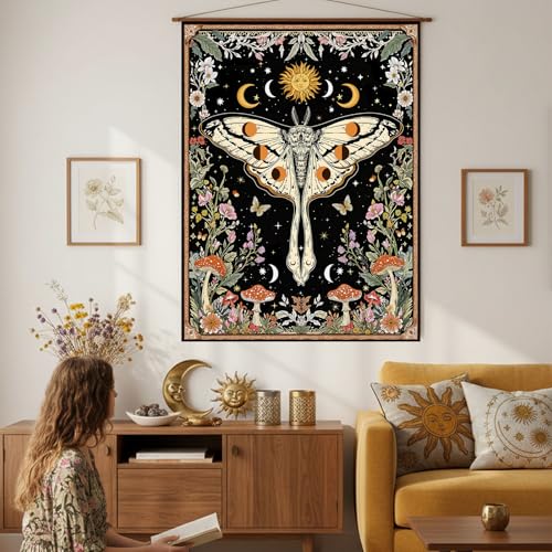 Aipon Boho Moth Tapestry Vintage Floral Flowers Tapestries Aesthetic Retro Mushroom Tapestries for Bedroom Sun and Moon Indie Small Tapestry Wall Hanging for Living Room Dorm 60 x 44 Inch - color: Black Mushroom Moth, size: 60"L x 44"W