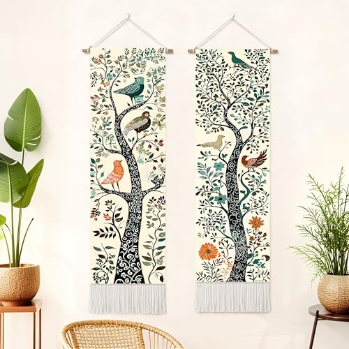 seewan 2 Pack Long Vertical Wall Tapestry, Boho Nature Landscape & Floral Aesthetic Wall Hanging for Bedroom Living Room Home Decor, Long Narrow Art Tapestry with Sunrise Mountain Botanical Designs, 13" × 51" (Art Nouveau Tree, 13"Wx51"H, Unframed) - colo