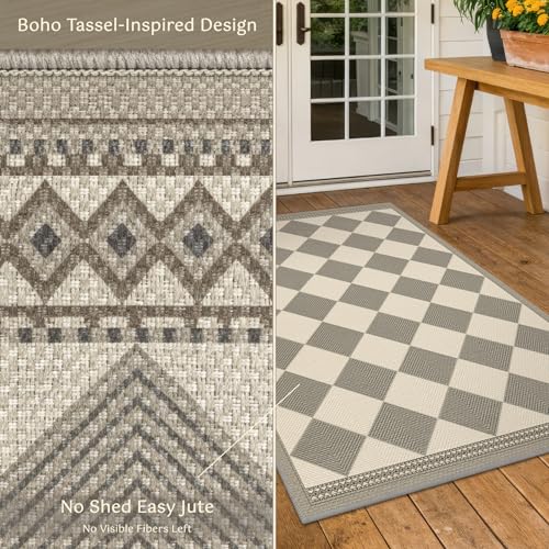 Gray and Cream Checkered Easy Jute 3x5 Outside Area Rug Outdoor Porch Decor, Entryway Rugs Indoor Diamond Geometric Pattern Mat, Patio, Backyard or Entry, Boho Farmhouse Style Washable Non Skid Mat - color: Beige Gray, size: 3' x 5' (Rectangular)