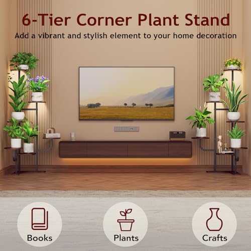 Homsorout Corner Plant Stand with Grow Light - 6 Tier Plant Stand Indoor Round Metal Plant Shelf with Adjustable Light, Plant Organizer for Living Room, Graden, Home Decor (Brown) - color: Brown & Round