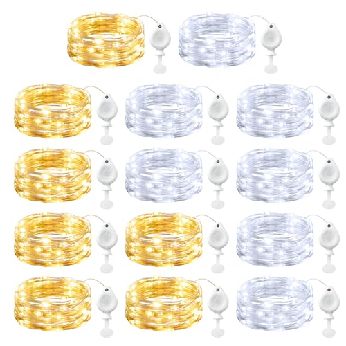 Brightown 14 Pack Warm White and White LED Fairy Lights Battery Operated String Lights, 7ft 20LED Waterproof Silver Wire String Lights, Firefly Starry Moon Lights for Mason Jars DIY Christmas Wedding - color: Warm White+White, size: 14 Pack