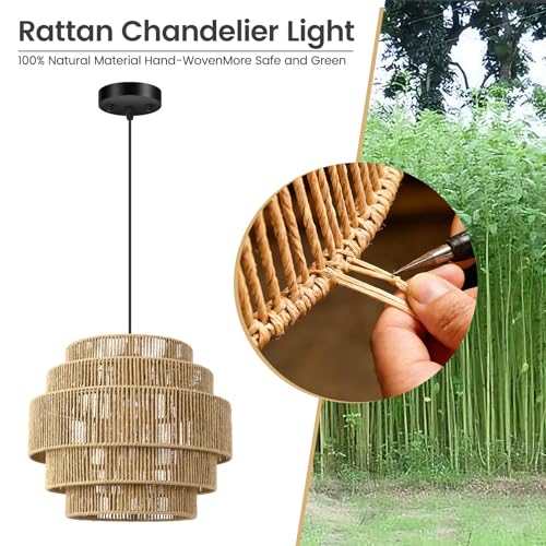 5-Tier Rattan Chandelier Light, 13”Hand Woven Hemp Rope Boho Pendant Light, Large Farmhouse Hanging Lamp for Kitchen Island,Dining Room, Bedroom, Entryway, Foyer, Coastal Decor,Adjustable Cord,Brown - color: Brown-1