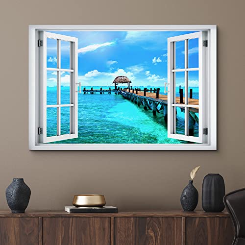 wall26 Canvas Print Wall Art Window View Tropical Island Beach Pier Hawaii Tahiti Wilderness Nature Photography Realism Scenic Landscape Colorful Multicolor for Living Room, Bedroom, Office - 12"x18" - color: A001-2204-hol02, size: 18"L x 12"W