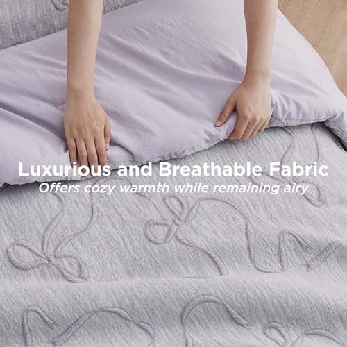 Bedsure Purple Comforter Set Queen, GentleSoft™ 3 Pieces Breathable Bow Comforter Set Women Girls with 2 Pillow Shams, Cute Queen Bedding Sets Purple Room Decor Aesthetic Bedroom Decor, 90x90 Inches - color: 01 - Bow Light Purple, size: Queen (90" x 90")
