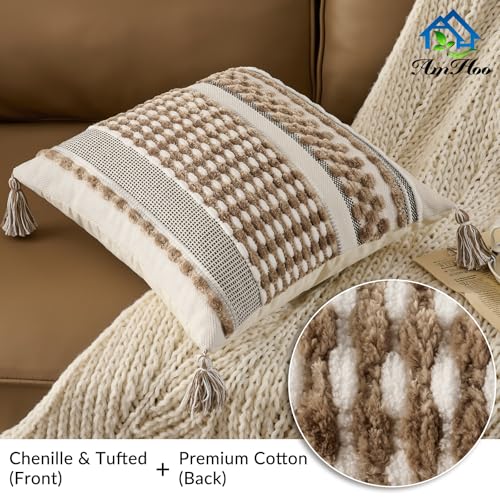 AmHoo Chenille Striped Textured Boho Throw Pillow Covers Aesthetic with Tassels Woven Decorative Pillow Case for Couch Bed Sofa Bedroom Modern Funky 18 x 18-Inch Taos Taupe - color: Taos Taupe, size: 18" x 18" (Pack of 1)