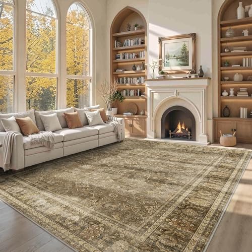 HelloTree Washable Rugs 9x12 Area Rug for Living Room, Vintage Boho Brown Rug Non Slip Carpet Retro Accent Indoor Mat Print Distressed Low Pile Throw Large Rug for Office Dining Room Bedside-Brown - color: Brown, size: 9' x 12' (Rectangular)