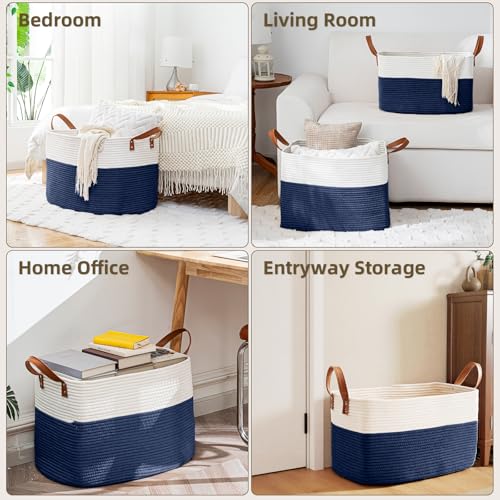 BOLDMONKEY 72L Laundry Basket with Leather Handles,Woven Cotton Rope Blanket Basket,Toy Bin for Baby Room,Laundry Hampers for Bedroom, Living Room,Bathroom,22"x17"x11.8" Navy - color: Navy, size: 72L