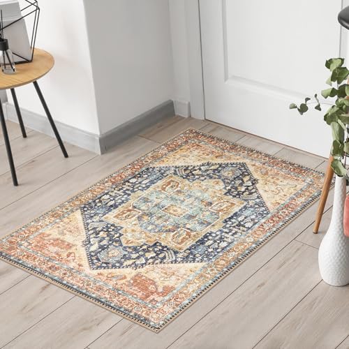 Keen Home Design 2x3 Rug - Machine Washable Entry Rug with Non-Slip Backing, Ideal for Enteryway, Kitchen, Bathroom, Laundry Room - Vintage, Easy Clean, Durable, Low Pile Rug - (2' x 3') - color: Blue / Brown, size: 2' x 3' (Rectangular)