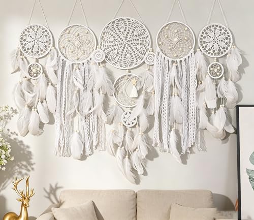 Set of 5 Boho, Hanging Large Boho Dream Catcher Wall Hanging Moon Dream Catcher Set Dream Catchers Wall Decor for Vintage Wedding Home Decorations (WHITC) - color: Whitc