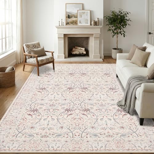 Area Rugs 8x10 for Living Room - Machine Washable Rugs for Bedroom Vintage Stain Resistant Non Slip Low Pile Carpet for Dinning Room Farmhouse Kis Room - color: Floral/Beige, size: 8' x 10' (Rectangular)