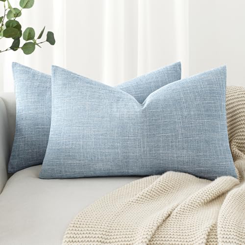 MIULEE Pack of 2 Decorative Linen Burlap Textured Pillow Covers Farmhouse Boho Accent Lumbar Pillowcases Spring Coastal Home Decor for Couch Sofa Bedroom Living Room 12x20 Inch Light Blue - color: Light Blue, size: 20" x 12" (Pack of 2)