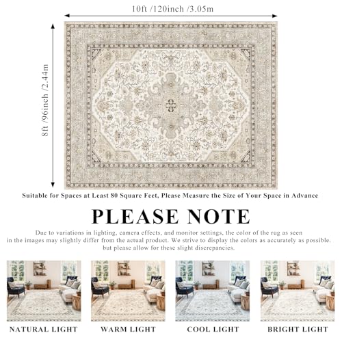 HILORUUG Washable Area Rug 8x10 - Bedroom Living Room Large Indoor Rugs Soft Oriental Vintage Rugs Non-Slip Backing Stain Resistant for Farmhouse Kitchen (8x10 Ivory/Multi) - color: Ivory, size: 8' x 10' (Rectangular)