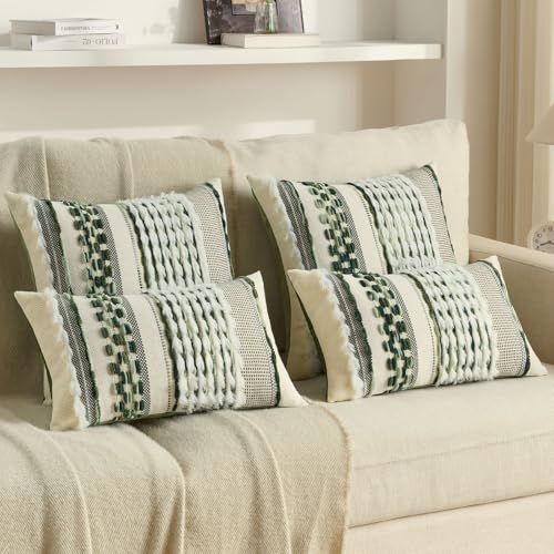 FUTEI Pack of 2 Boho Chenille Decorative Throw Pillow Covers 18x18 Inch Soft Plush Tufted Striped Textured Cushion Case,Farmhouse Accent for Couch Bed Living Room, Green - color: Green, size: 18" x 18" (Pack of 2)