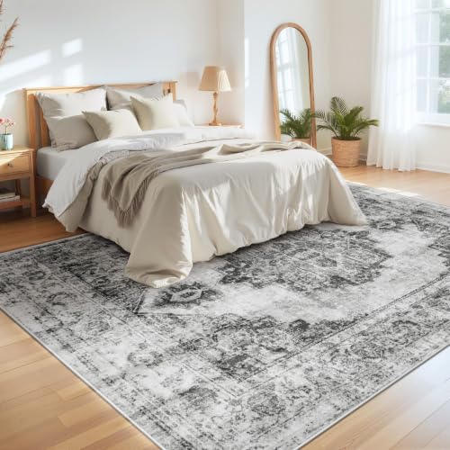 Area Rug 8x10 Vintage Rugs: Large Washable Indoor Medallion Rug Low Pile Distressed Floor Carpet Retro Accent Rugs for Living Room Bedroom Kitchen Dining Table Home Office(Black, 8'x10') - color: Black, size: 8' x 10' (Rectangular)