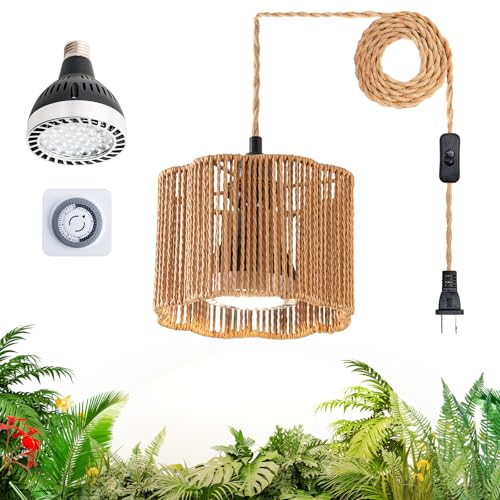 Hanging Grow Light, 30W LED Lamp with Timer for Indoor Plants | 4000K LED plant lamp with 15 ft cord, outlet timer, and boho paper rope shade for succulents, herbs, and low-light rooms. - color: Scallop