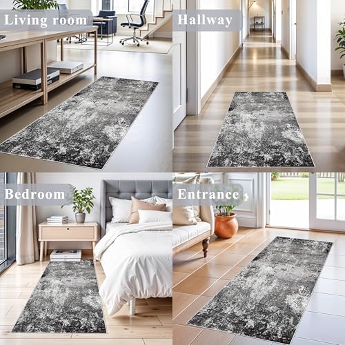 2x5 Washable Kitchen Rug Runner – Non-Slip Abstract Modern Small Rug for Bathroom,Hallway, Bedroom, Laundry Room, Entryway – Soft Low-Pile Thin with Rubber Backing (Black Grey, 2x5) - color: Black Grey, size: 2' x 5' (Rectangular)