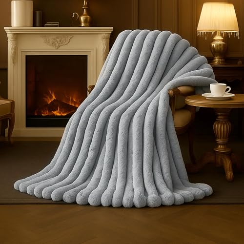 Amélie Home Faux Fur Throw Blanket for Couch, Cozy Fuzzy Fluffy Fur Luxurious Soft Striped Plush Gift Blankets for Family Sofa Chair Bedroom, 55"x70", Light Grey - color: Striped Light Gray, size: Throw(55"x70")