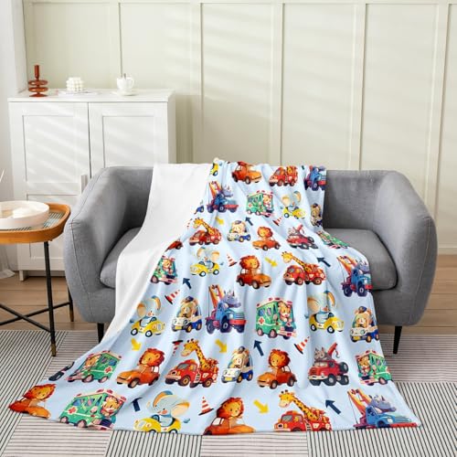 Truck Excavator Drivers Bed Blanket Kids Girls Under Construction Cars Flannel Blanket Soft Cozy Lightweight Police Car Fire Truck Plush Fleece Blankets Gifts for Couch Bed Office Sofa(40x50 Inches) - color: Blue, size: 40"×50"