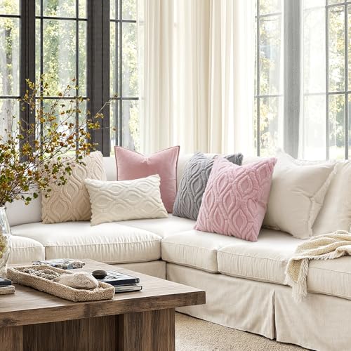 MIULEE Light Pink Valentines Throw Pillow Covers 18x18 Inch, Soft Spring Plush Faux Wool Couch Pillow Covers Set of 2 Decorative Farmhouse Boho Throw Pillows for Sofa Living Room Bed - color: Light Pink, size: 18" x 18" (Pack of 2)