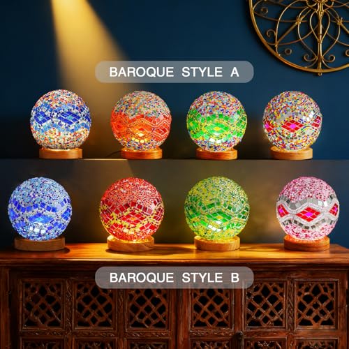 Vintage Mosaic Table Lamp Colorful Turkish Night Light USB Power Spherical Glass Lights for Holiday Party Romantic Date Ethnic Home Furnishings Decor(Baroque A - Green, Baroque) - style: Baroque A Green