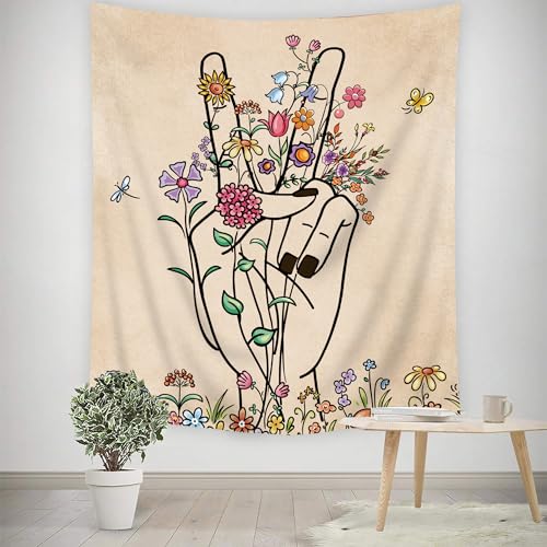 SVBright Peace and Love Beige Tapestry Abstract Hand Flower Botanical Wall Hanging 51Wx59H Inch Minimalist Hippie Floral Line Art Colorful Modern Finger Home Decor for Living Room Bedroom Dorm Fabric - color: Abstract Hand, size: 59"L x 51"W