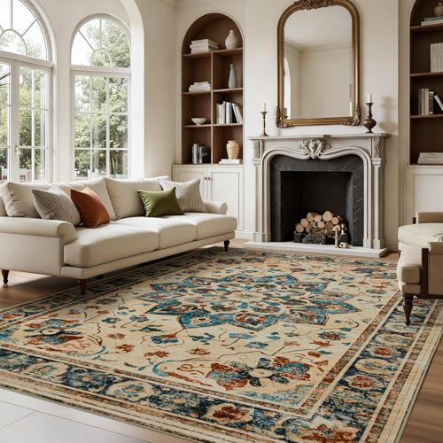 Joydeco 5x7 Area Rugs for Living Room, Non Slip Machine Washable Vintage Rug, Low Pile Chenille Print Rugs for Bedroom, Dining Room, Home Office, Pet & Child Friendly, Beige & Blue & Reddish-Brown - color: Beige&blue&reddish-brown, size: 5' x 7' (Rectangu