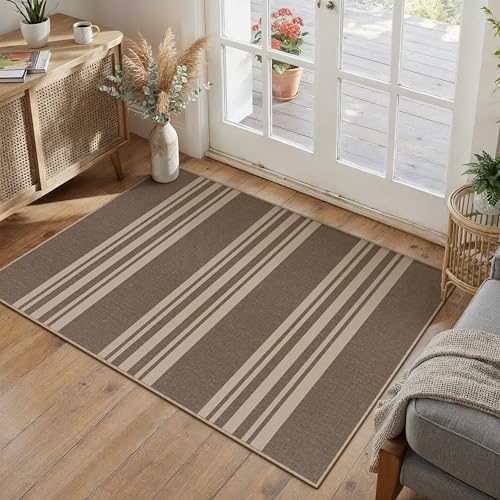 PureCozy Striped Easy Jute Rug 2x3 Brown Entryway Carpet Washable Non Slip Door Mat Farmhouse Neutral Non Shedding Entry Small Indoor Outdoor Rug for Kitchen Bedroom Mudroom Bathroom - color: Brown/Striped, size: 2' x 3' (Rectangular)
