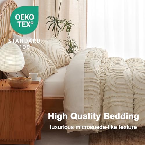 Boho Tufted Comforter Queen Size Beige Geometric Tufted Comforter Set Bohemian Arch Tufted Bed Set 3 Pieces Shabby Chic Embroidery Soft Jacquard Bedding for All Seasons with 2 Pillowshams - color: Geometry, size: Queen (90"x90")