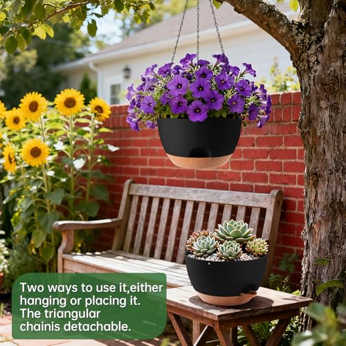 13-inch Oversized Hanging Planter Set of Two,Planters for Indoor and Outdoor Plants.Place Plant pots Across Diverse Settings Including windowsills,Living Room,and Gardens.Black-Brown - color: Black 2 Pack, size: 13 inch