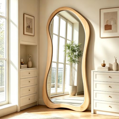 Large Solid Wood Irregular Mirror, 67"x31.5" Organic Floor Mirror with Wooden Frame, Asymmetrical Full Length Mirrors for Entryway Hallway Bedroom Living Room, Leaning/Wall-Mounted - color: Natural Wood Frame, size: 67"L x 31.5"W